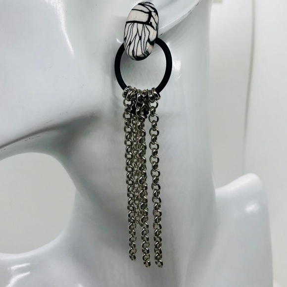 Hand -formed Polymer clay, rubber and silver tone chain earrings - Picture 2 of 2